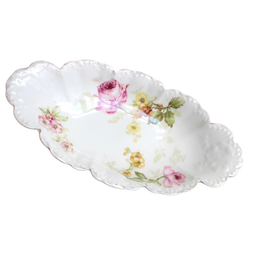 RC Malmaison Bavaria Porcelain Relish Dish Pink‎ Rose Floral Gold Trim 8in